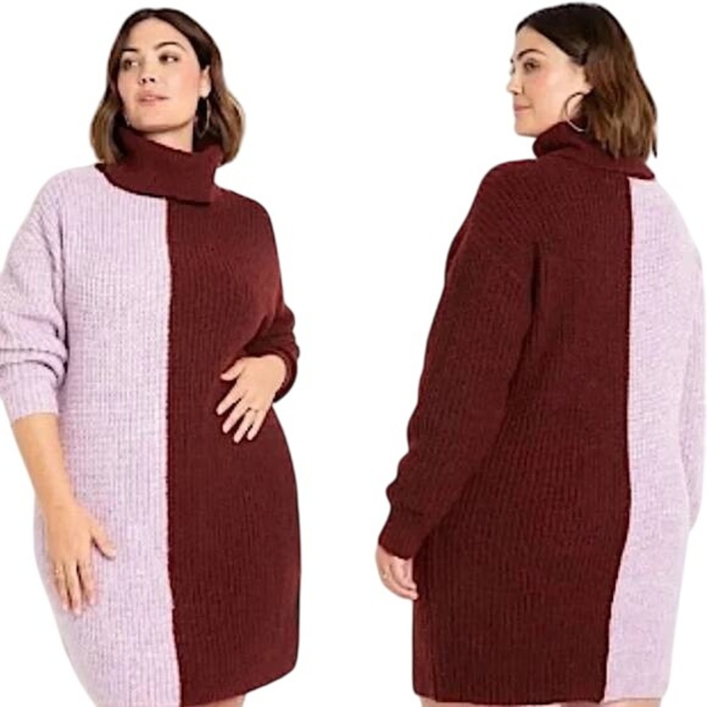 ELOQUII Colorblock Turtleneck Sweater Dress Burgundy Lavender Ribbed Knit